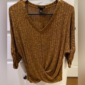 I.N. Studio gold and gray knit v-neck pullover with faux knotted front